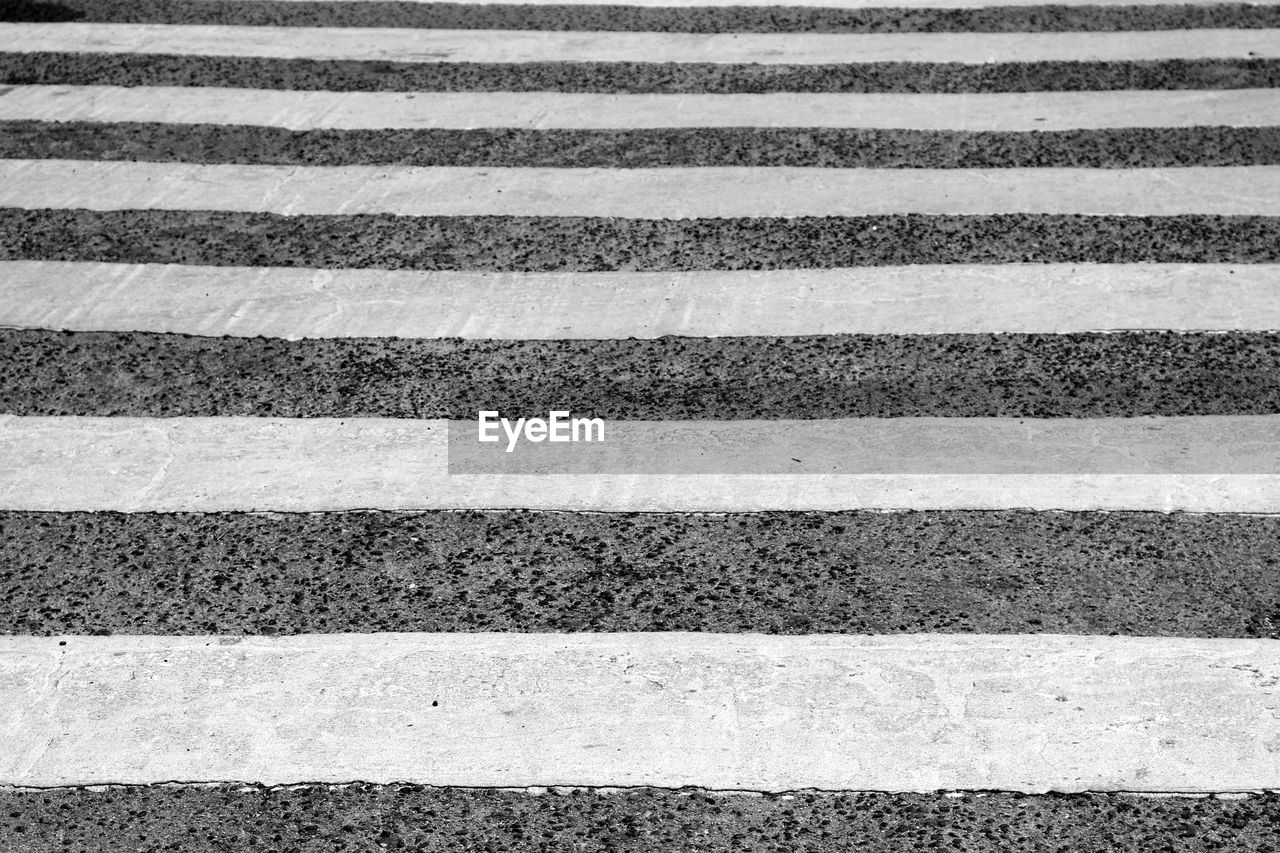 Detail shot of white lines on asphalt road