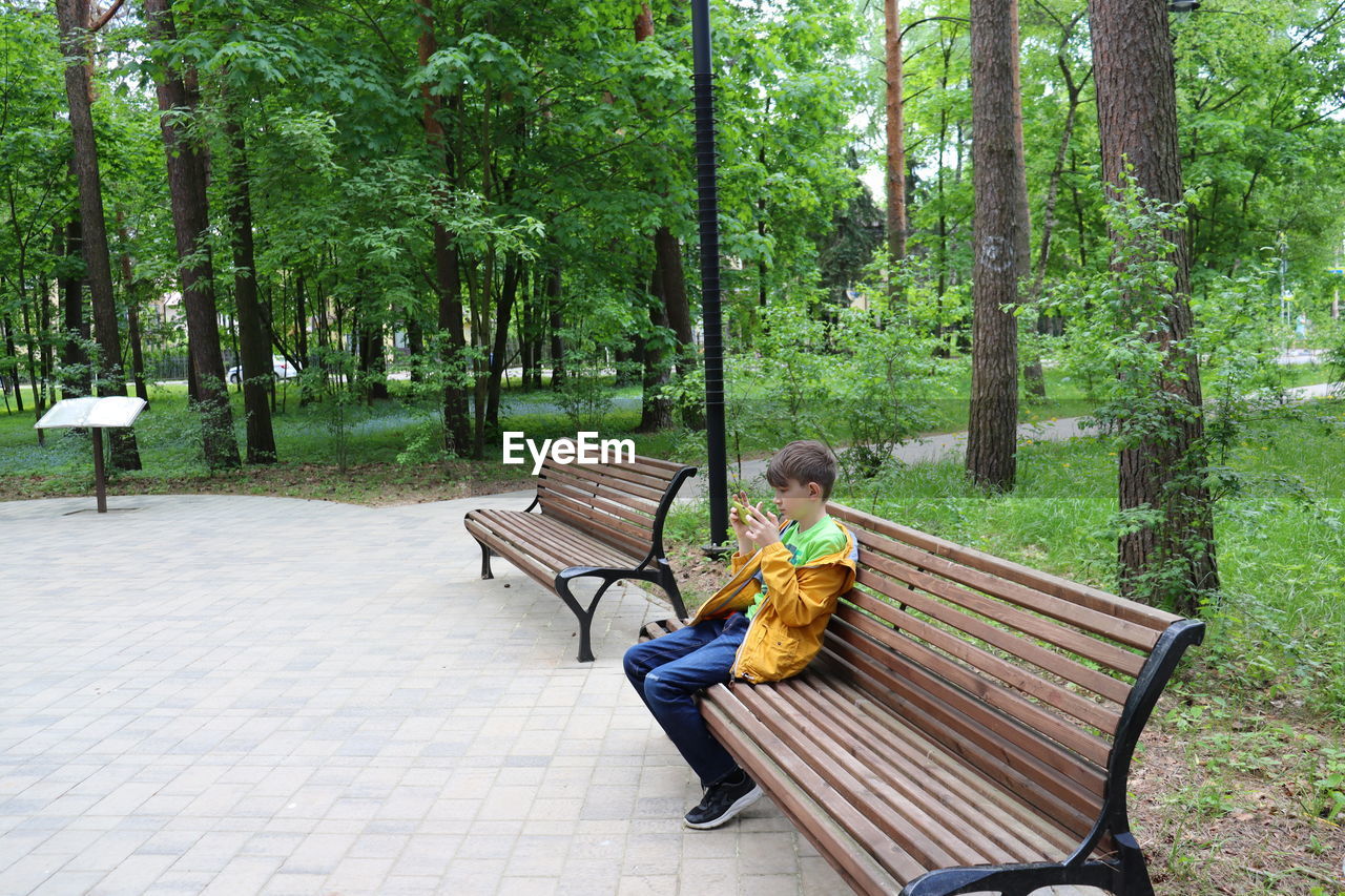 BOY SITTING ON BENCH BY TREE