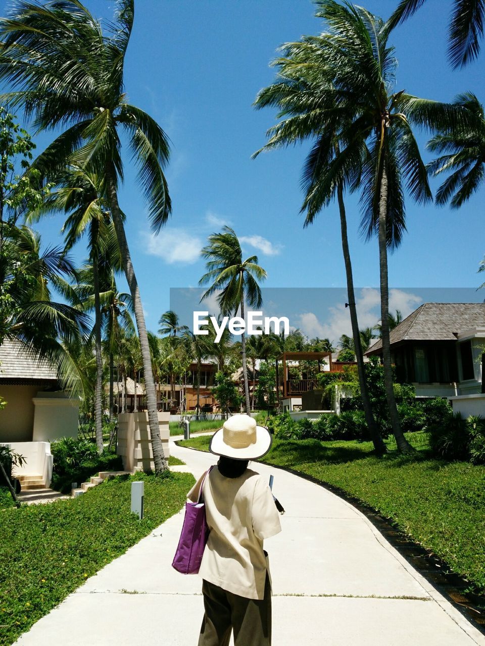 REAR VIEW OF WOMAN WEARING HAT AGAINST TREES