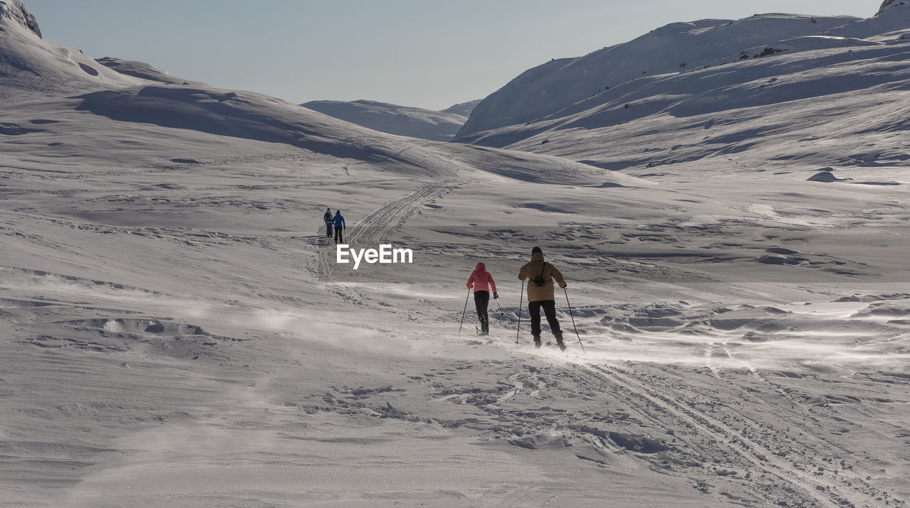 Rear view of people skiing on snow covered mountain