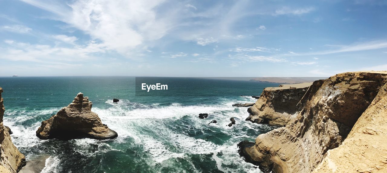 Panoramic view of rocks in sea against sky