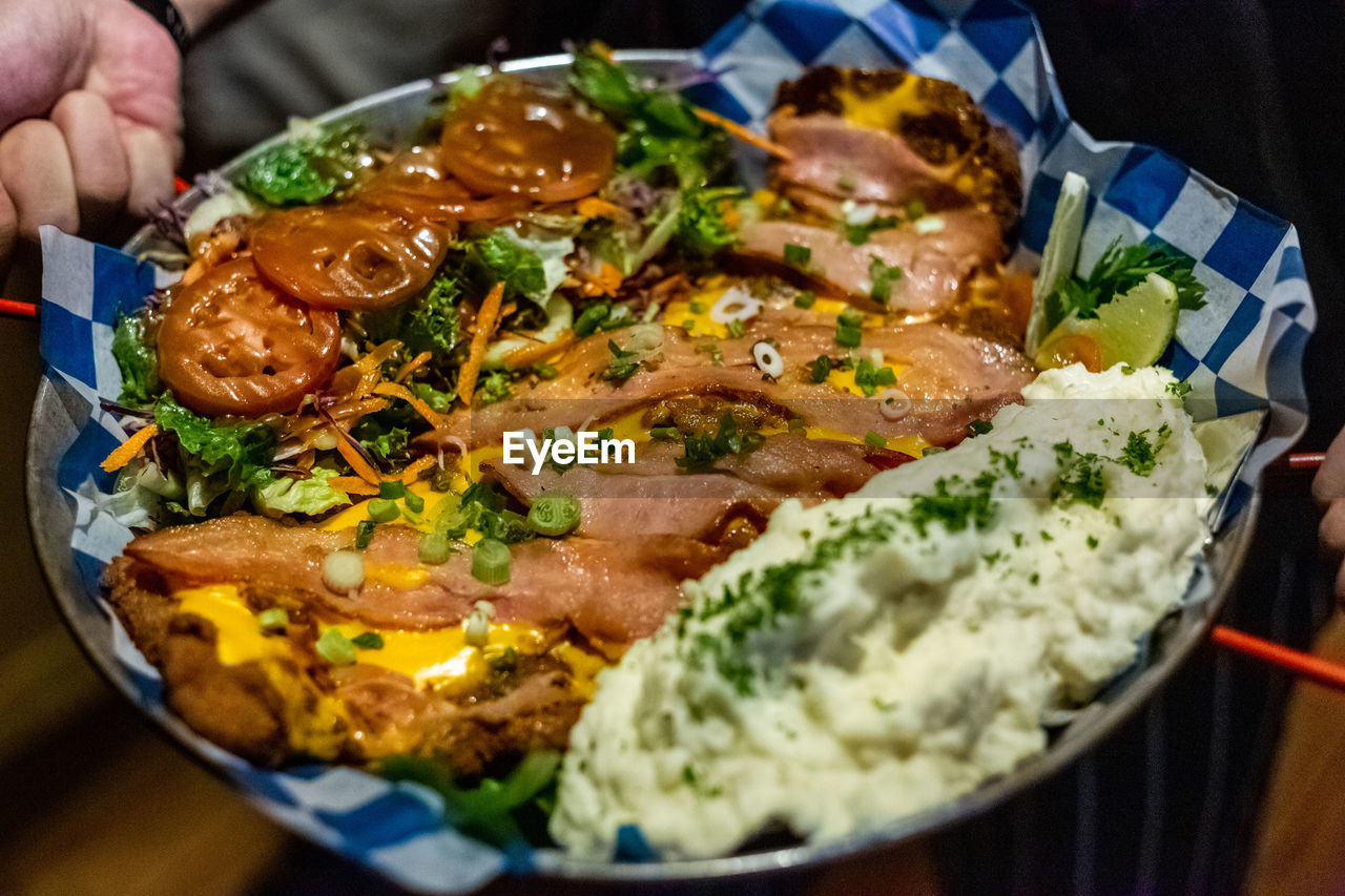 High angle view of food in plate on table