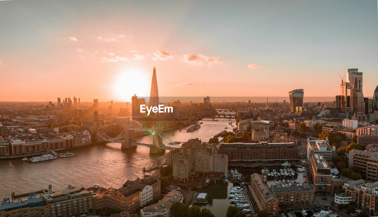 Aerial view of the london tower bridge at sunset.