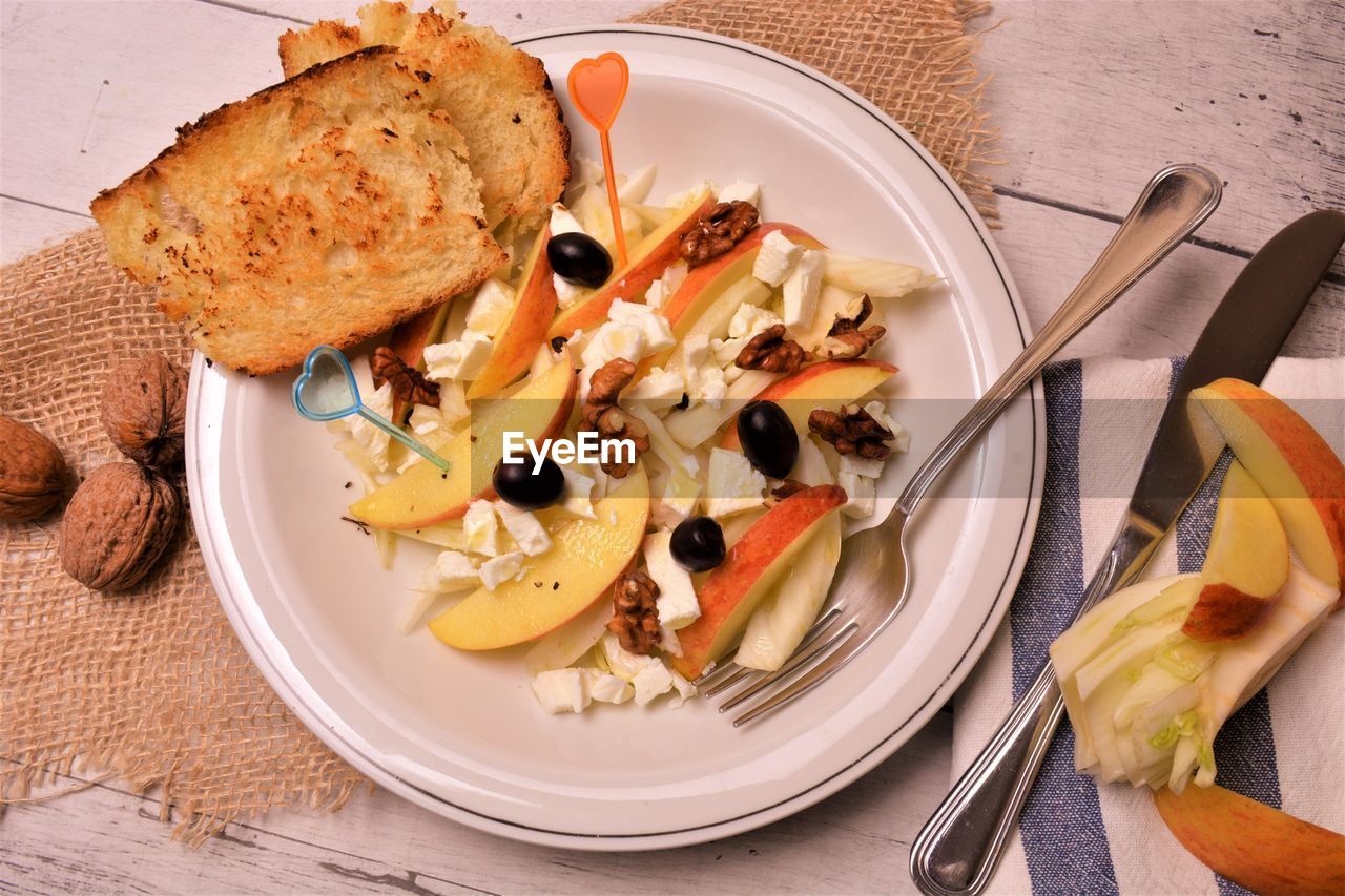 High angle view of breakfast served on table