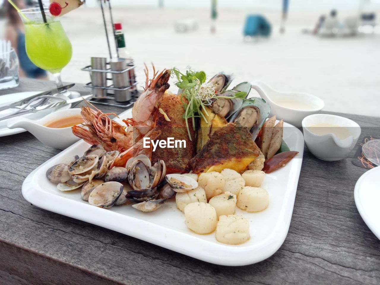 High angle view of seafood in plate on table