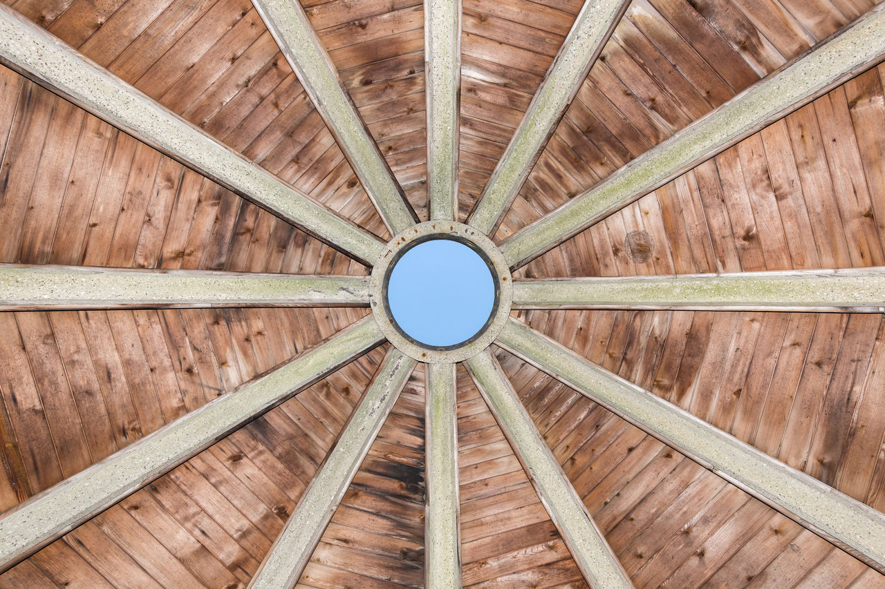 Directly below shot of wooden ceiling