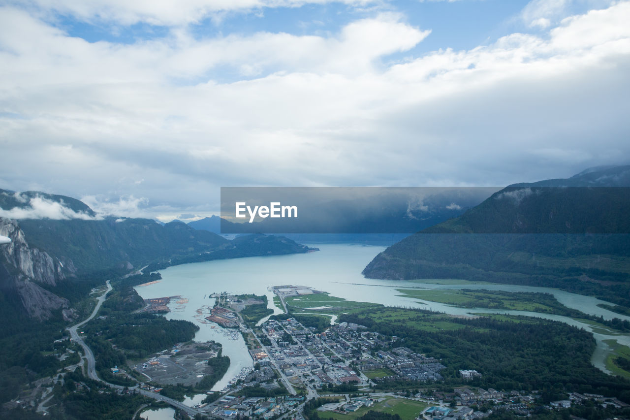 Aerial view of downtown squamish looking south