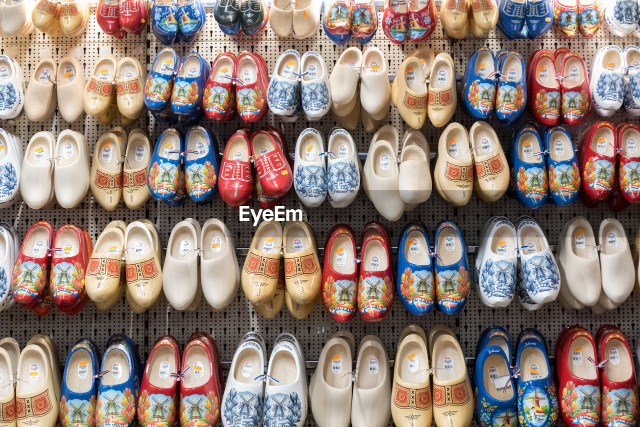 Full frame shot of shoes/clogs for sale