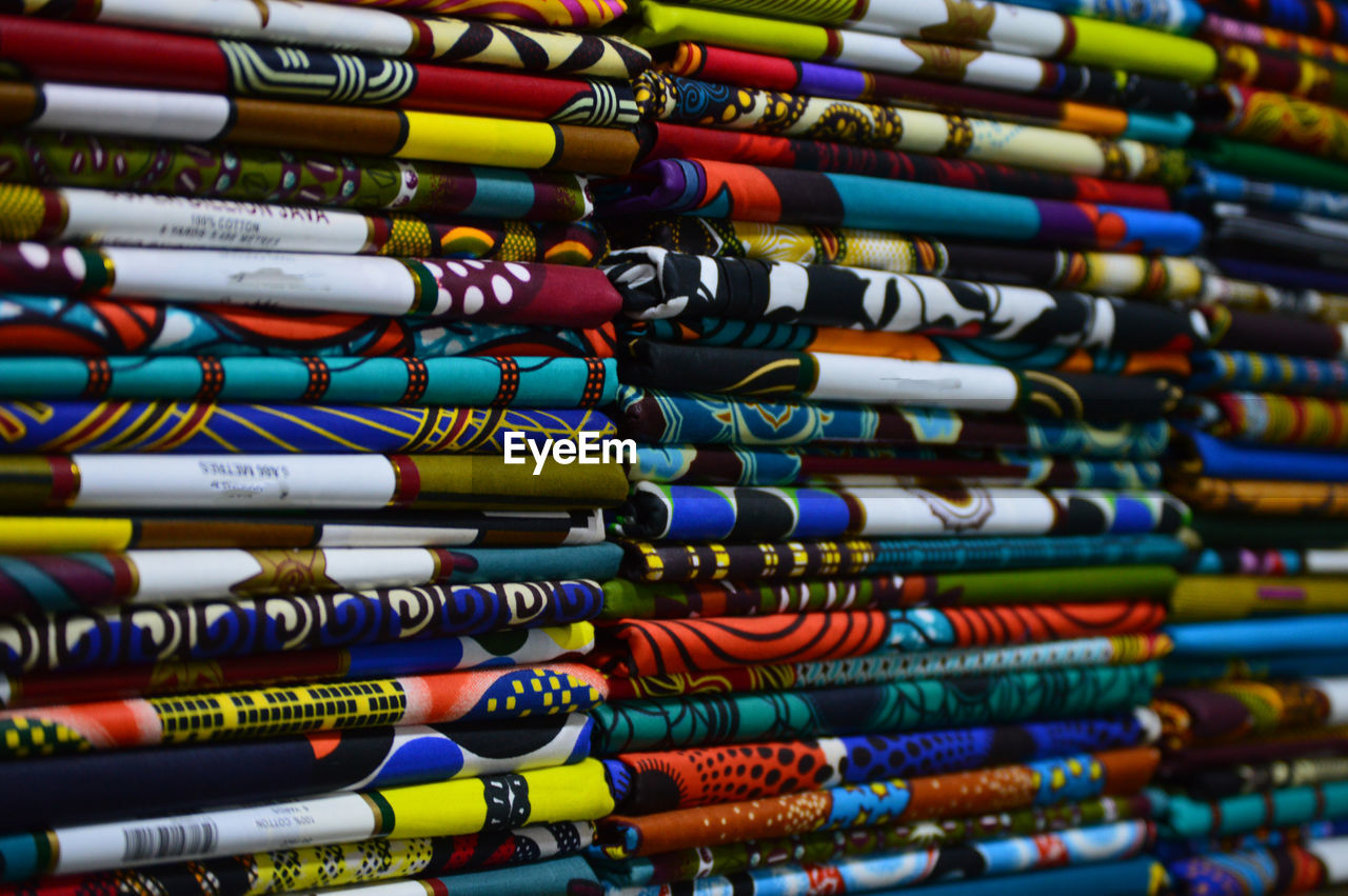 Full frame shot of colorful fabrics for sale in store