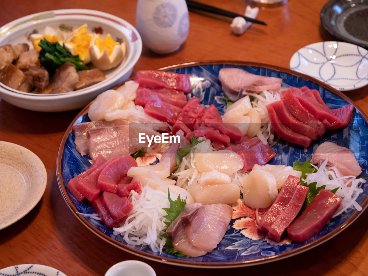 High angle view of food served on table
