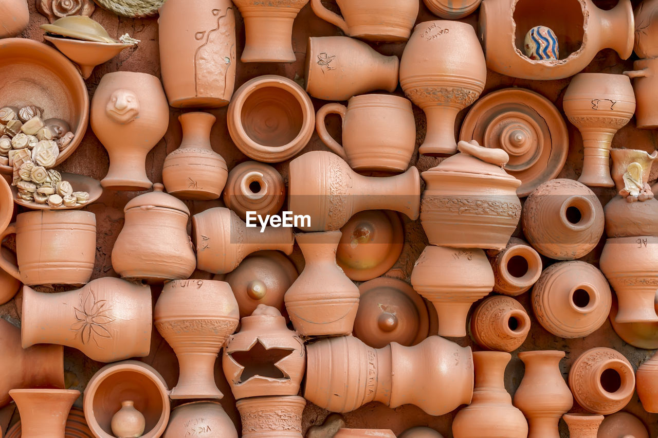 Full frame shot of various earthenware for sale at market