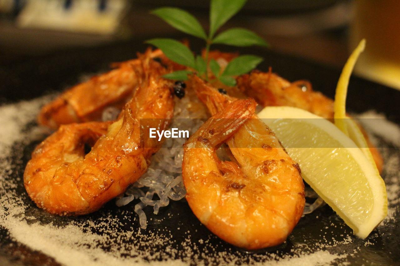 Close-up of fresh seafood with lemon slice served in plate