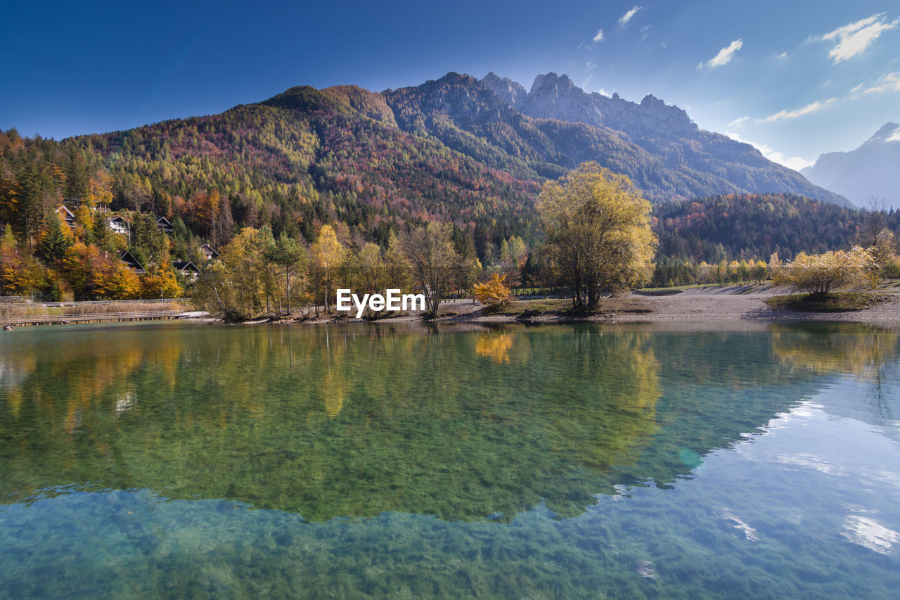 Scenic view of lake by trees against sky