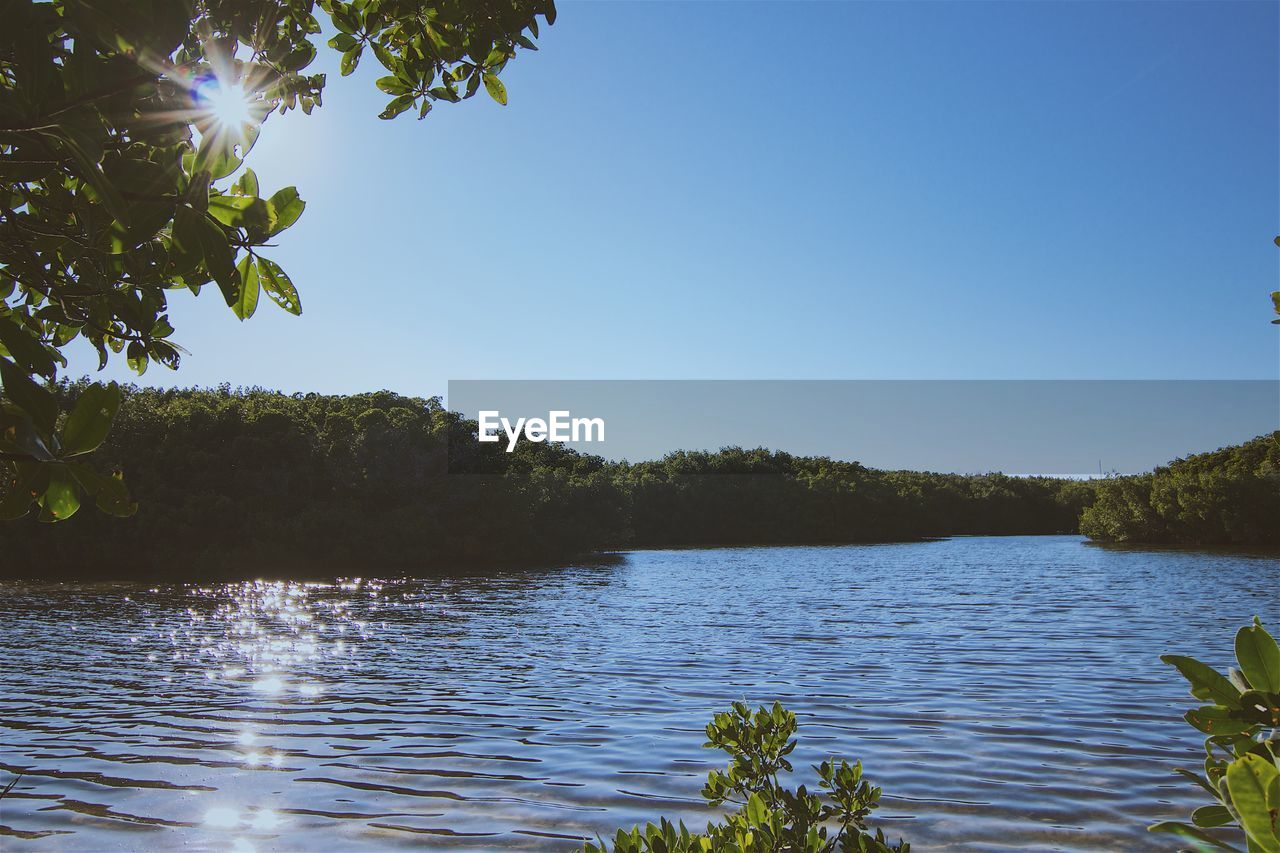 Scenic view of lake against clear sky