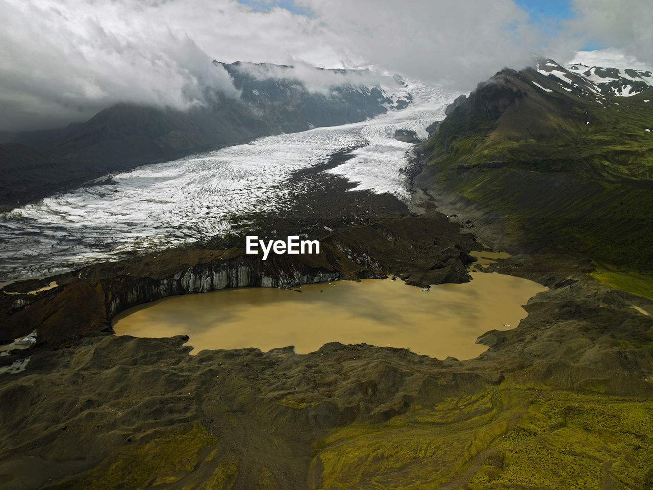 Aerial view of muddy glacier lagoon in south iceland