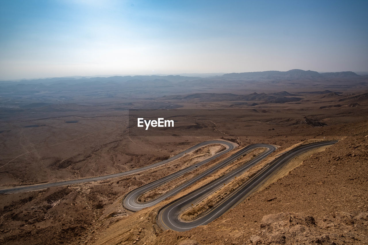 High angle view of road on desert against sky