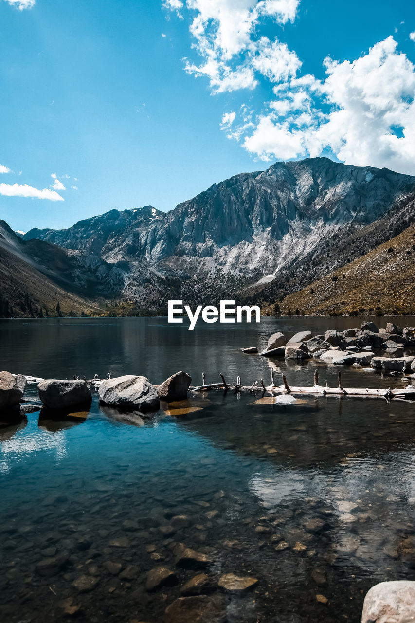 Scenic view of mountains against sky and lake