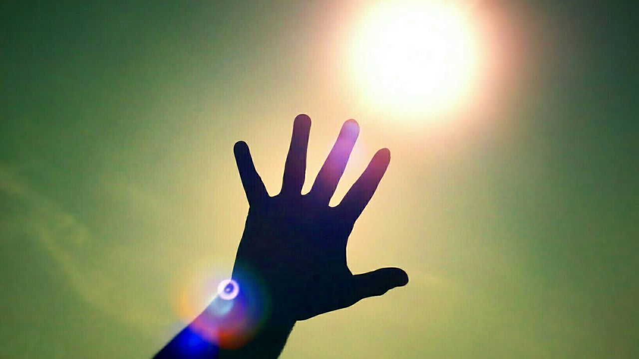 Cropped image of silhouette hand against sky during sunset