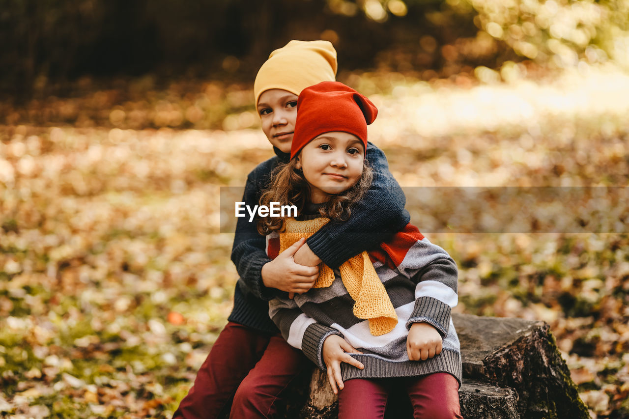 A little girl and a boy children brother and sister hug and sit on a tree stump in the autumn forest