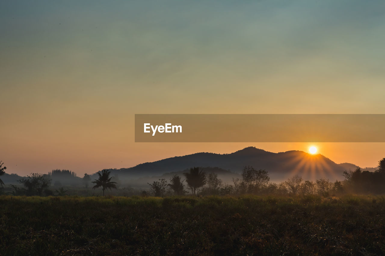 Scenic view of field against sky during sunset