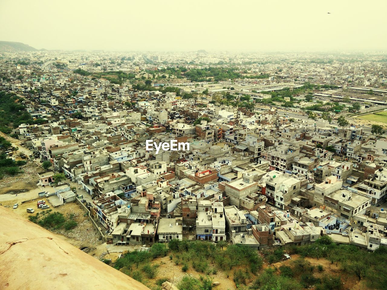 High angle shot of townscape against clear sky