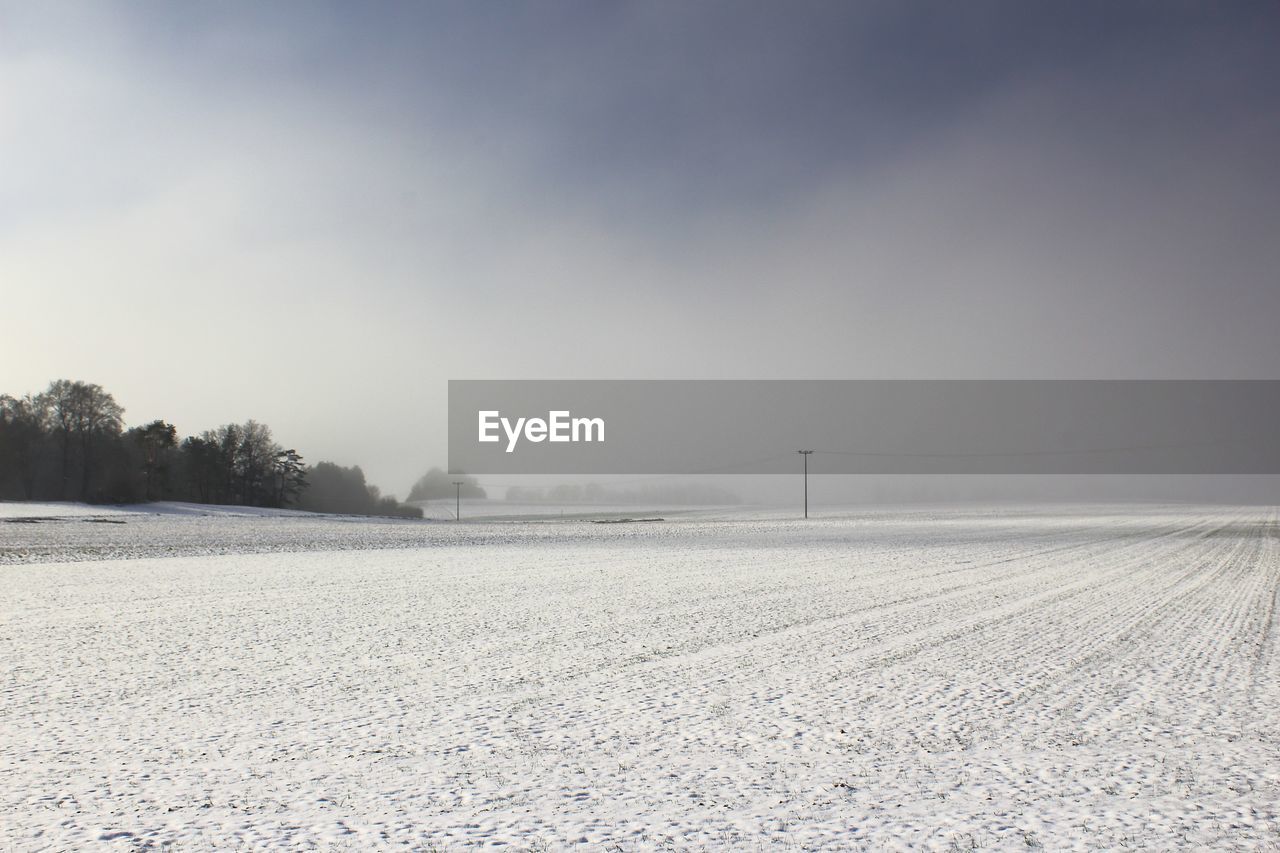 snow, winter, environment, sky, landscape, cold temperature, nature, horizon, land, scenics - nature, beauty in nature, tranquility, tranquil scene, no people, cloud, freezing, morning, frozen, copy space, rural scene, field, plant, day, outdoors, non-urban scene, frost, tree, white, fog, agriculture, ice, remote