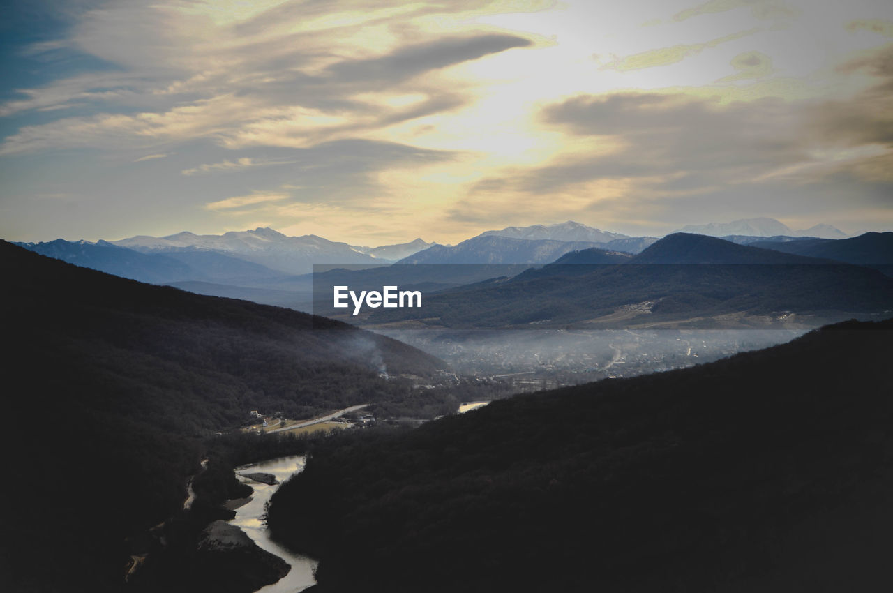 Autumn mountain peaks view, valley, river canyon