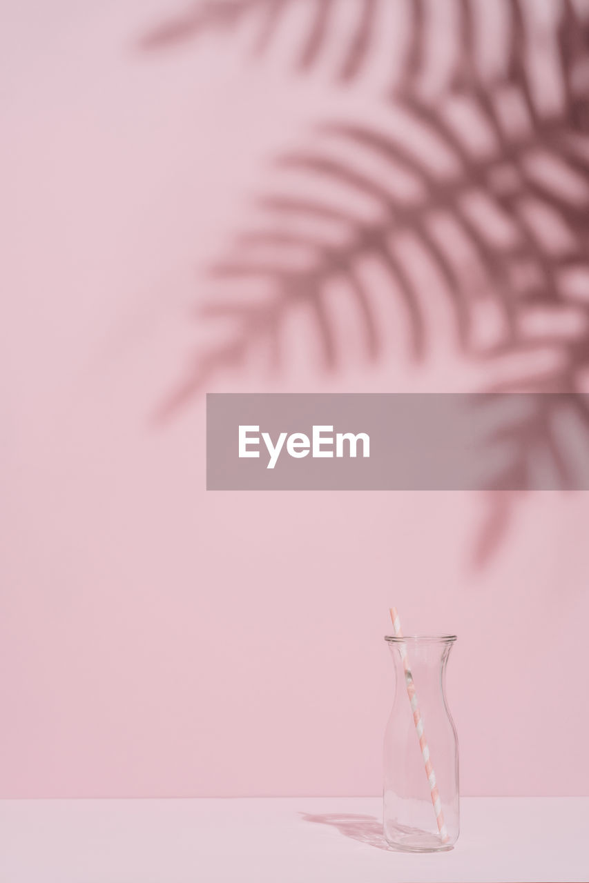 Conceptual summer shot of an empty glass drink with straw placed against pink background and plant shadow