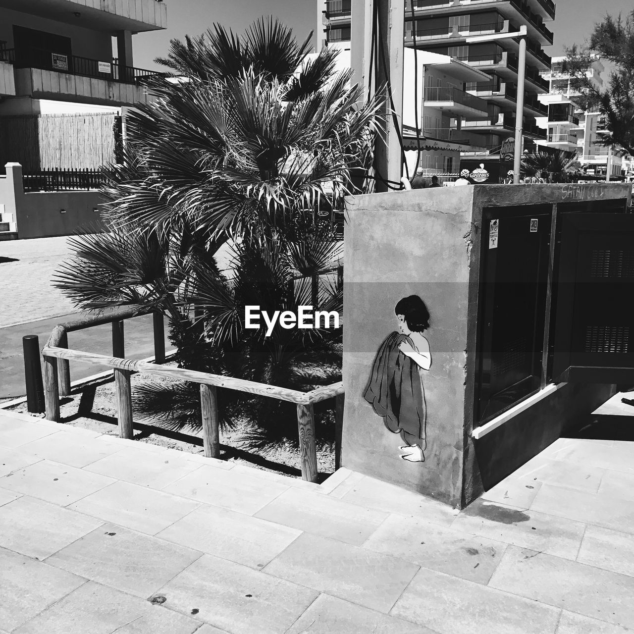 REAR VIEW OF WOMAN ON PALM TREE