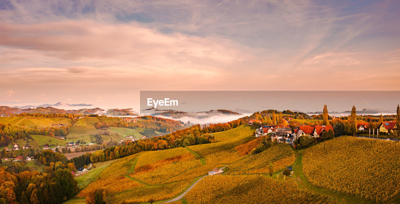 South styria vineyards landscape, aerial view from eckberg at autumn grape hills and foggy alps