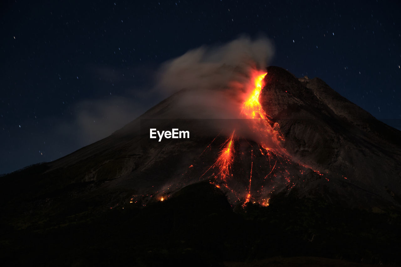 Mount merapi erupts with high intensity at night during a full moon. 