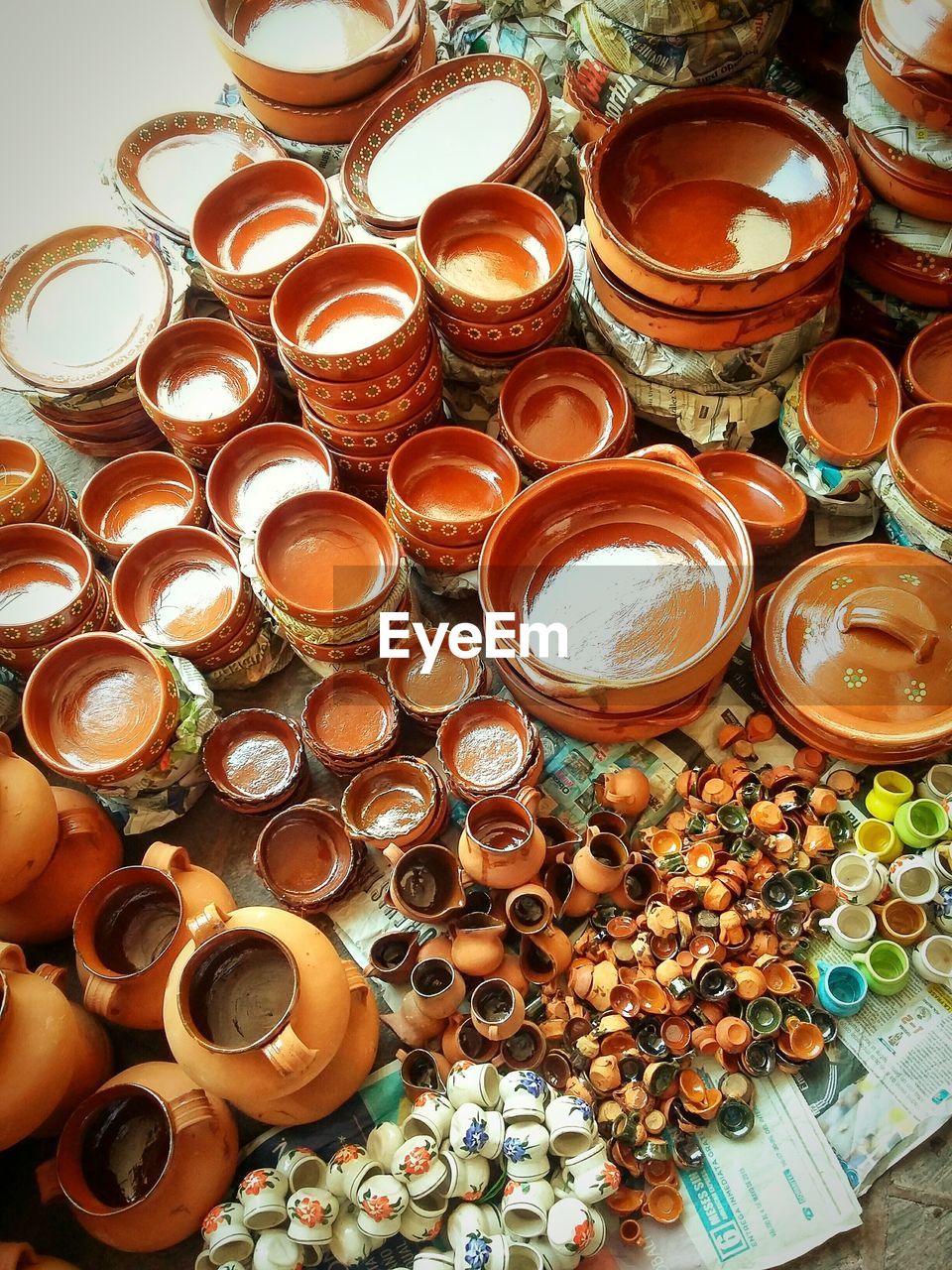 Close-up high angle view of pots