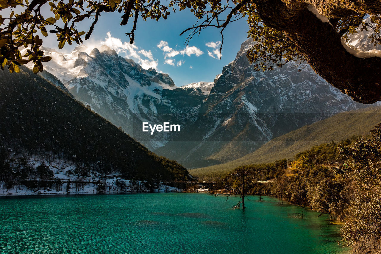 Scenic view of lake by mountains