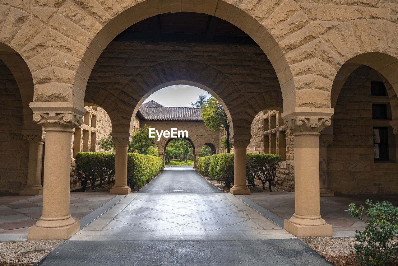 Diminishing perspective of empty archway at stanford university