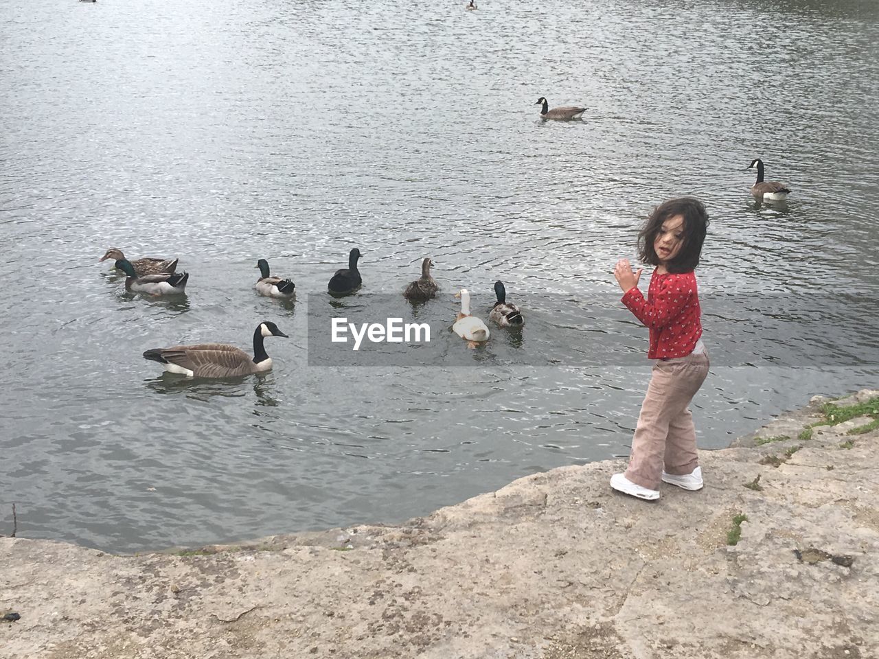 Side view of girl standing by lake on rock