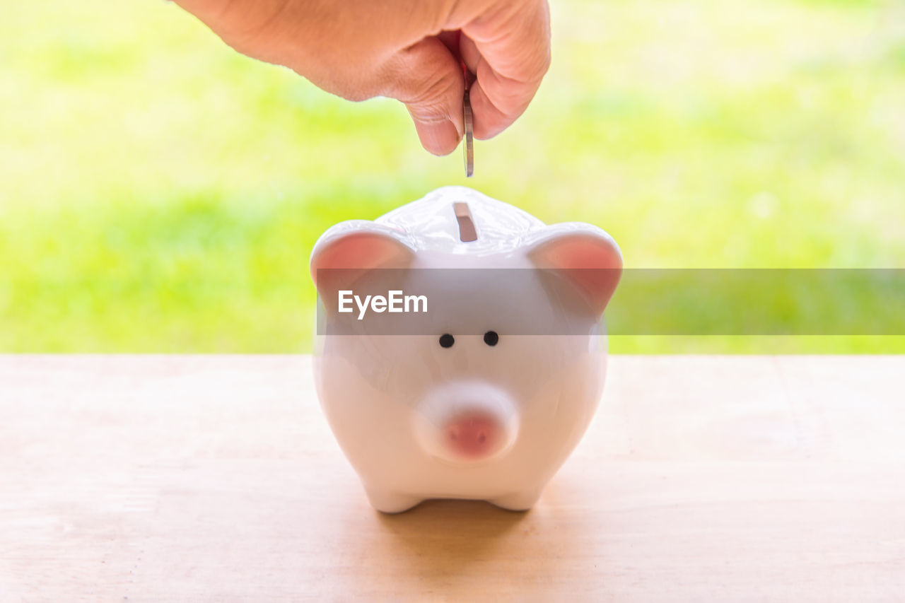 Cropped hand of man putting coin in piggy bank on table