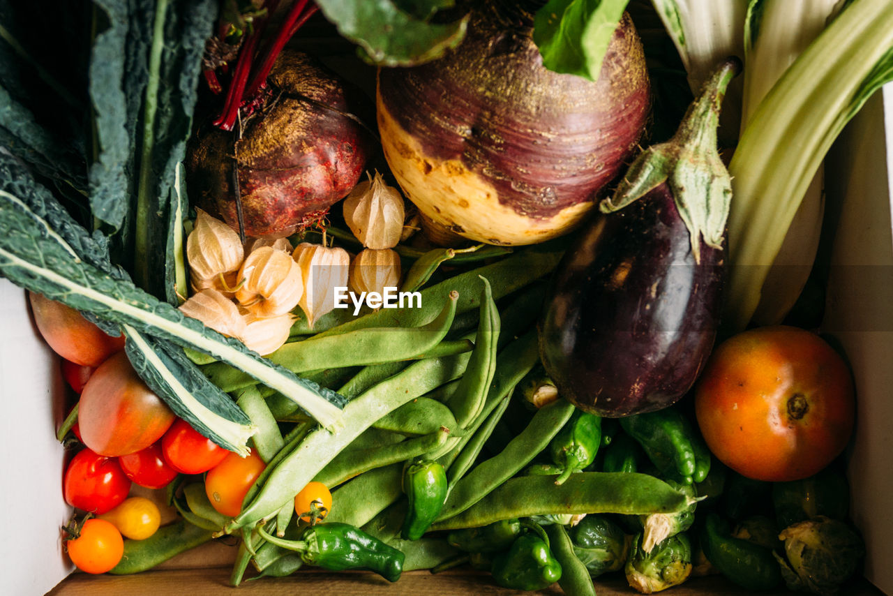 High angle view of vegetables in box