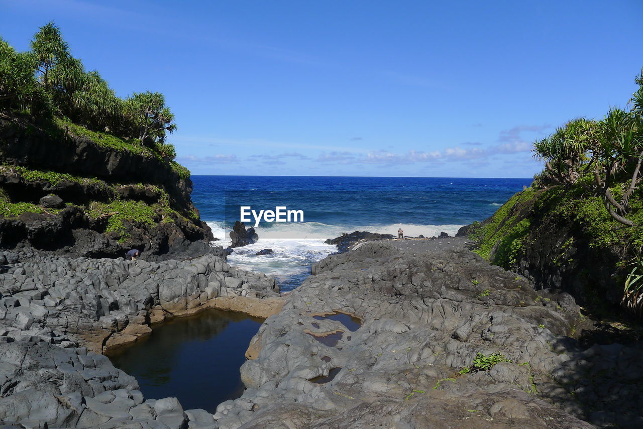 High angle view of seven sacred pools near sea against sky