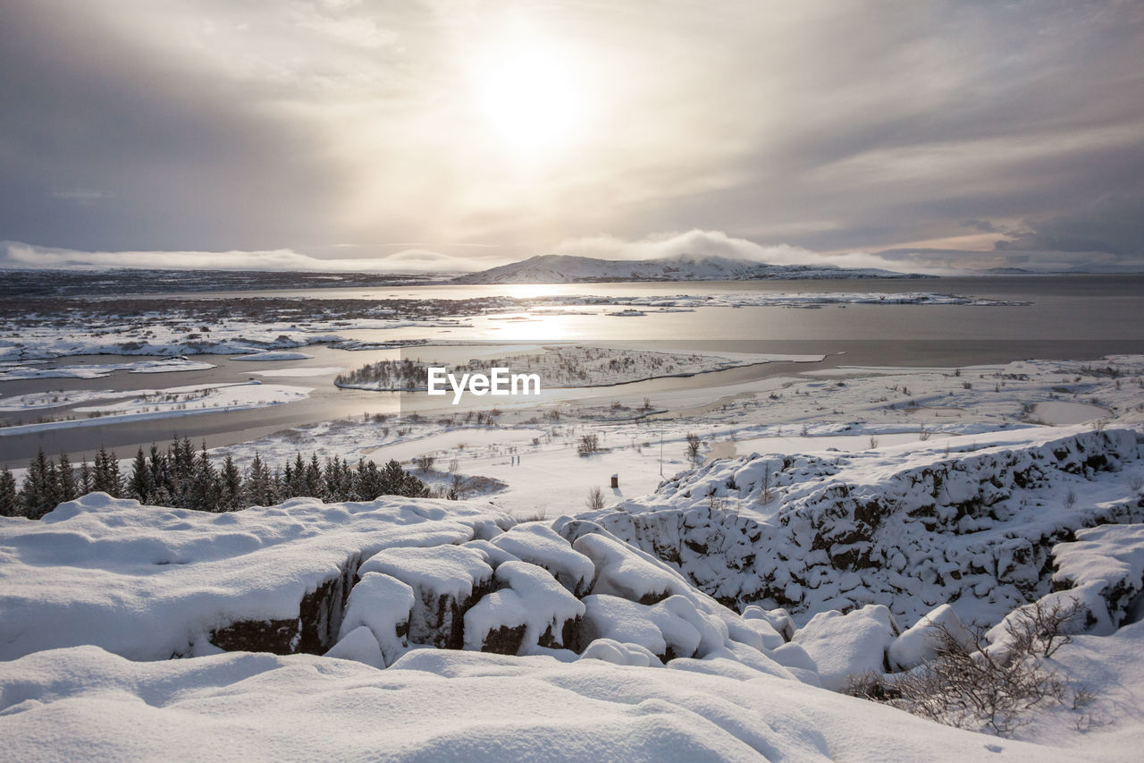 Scenic view of landscape against sky during winter