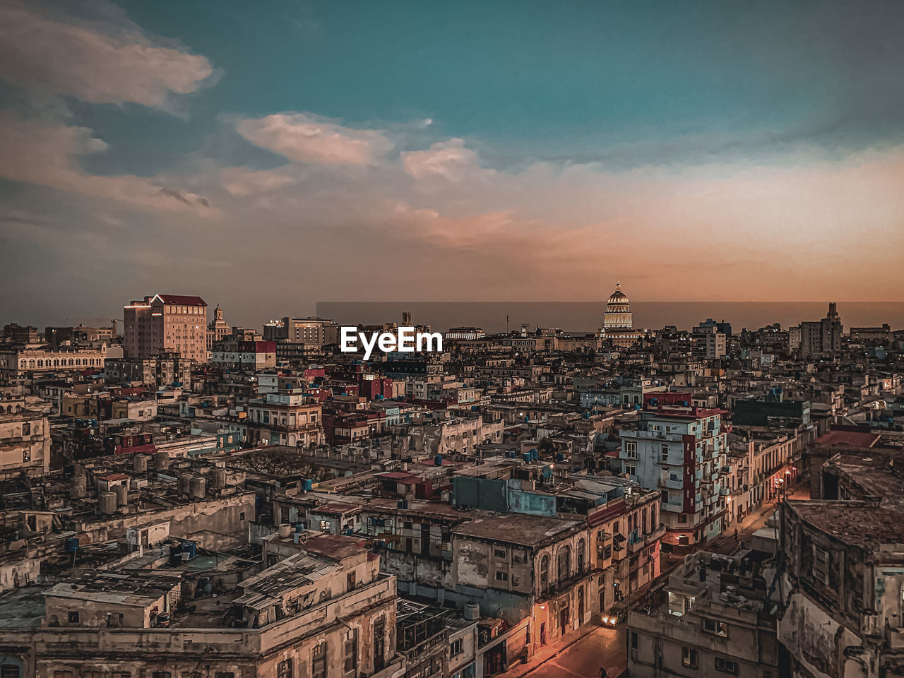 High angle view of city against sky during sunset in havana