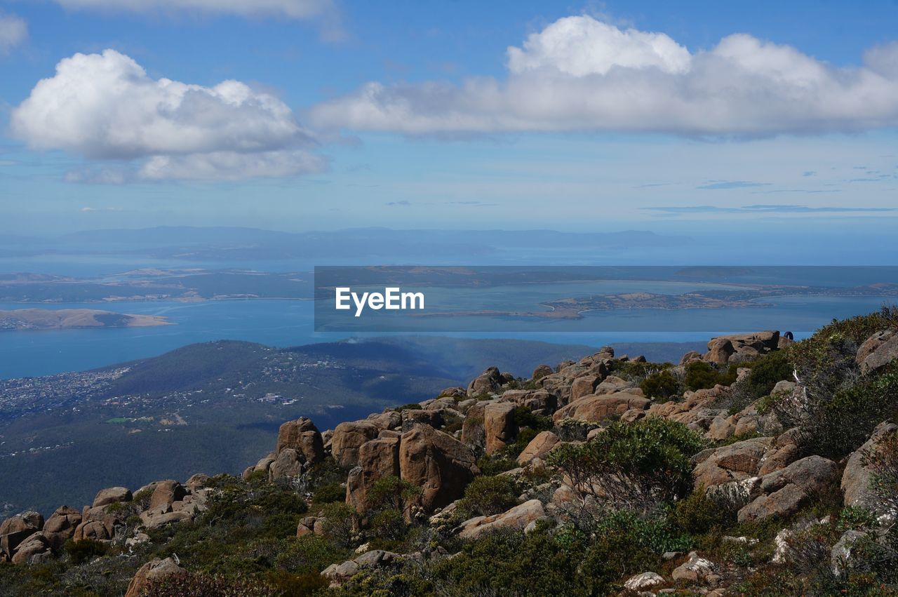 Scenic view of sea and mountains against sky