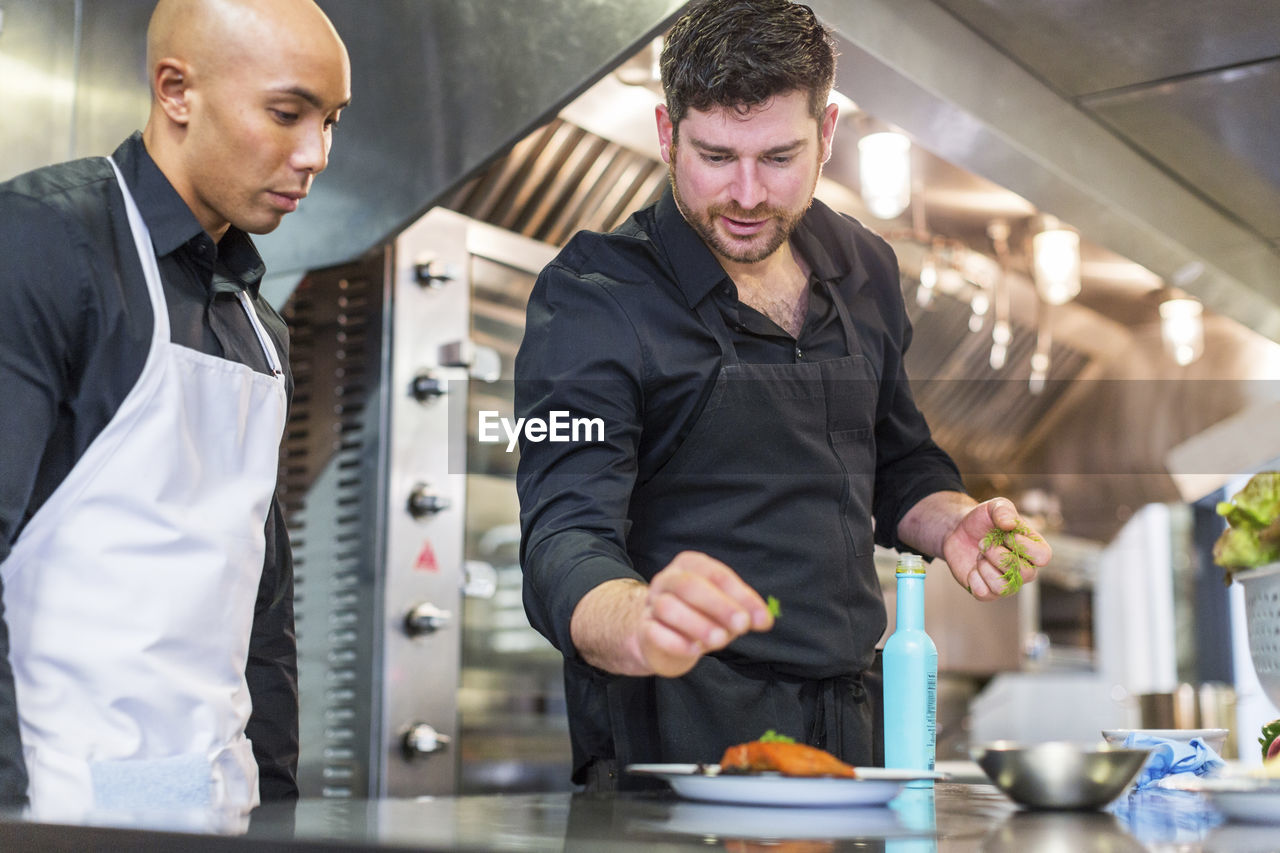 Male chefs garnishing food at kitchen counter in restaurant