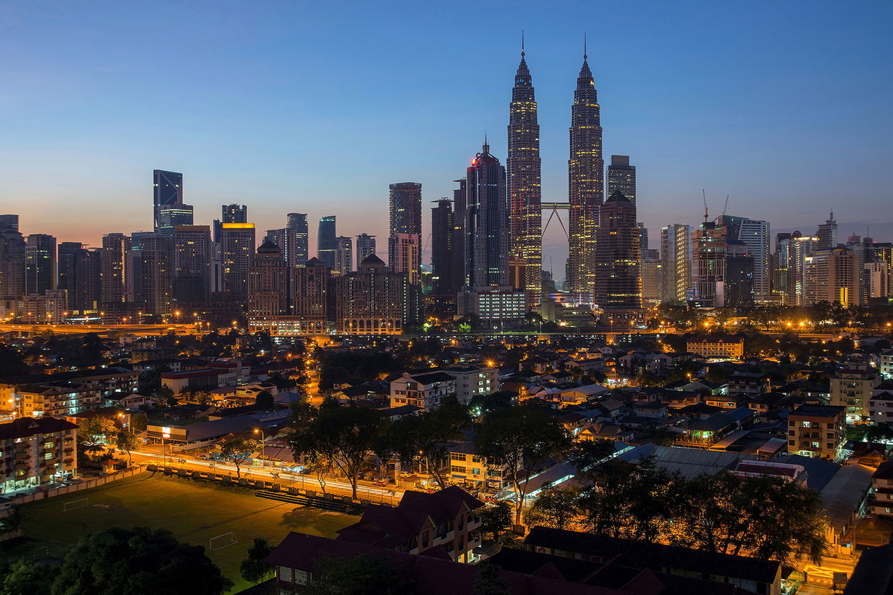 High angle shot of illuminated cityscape