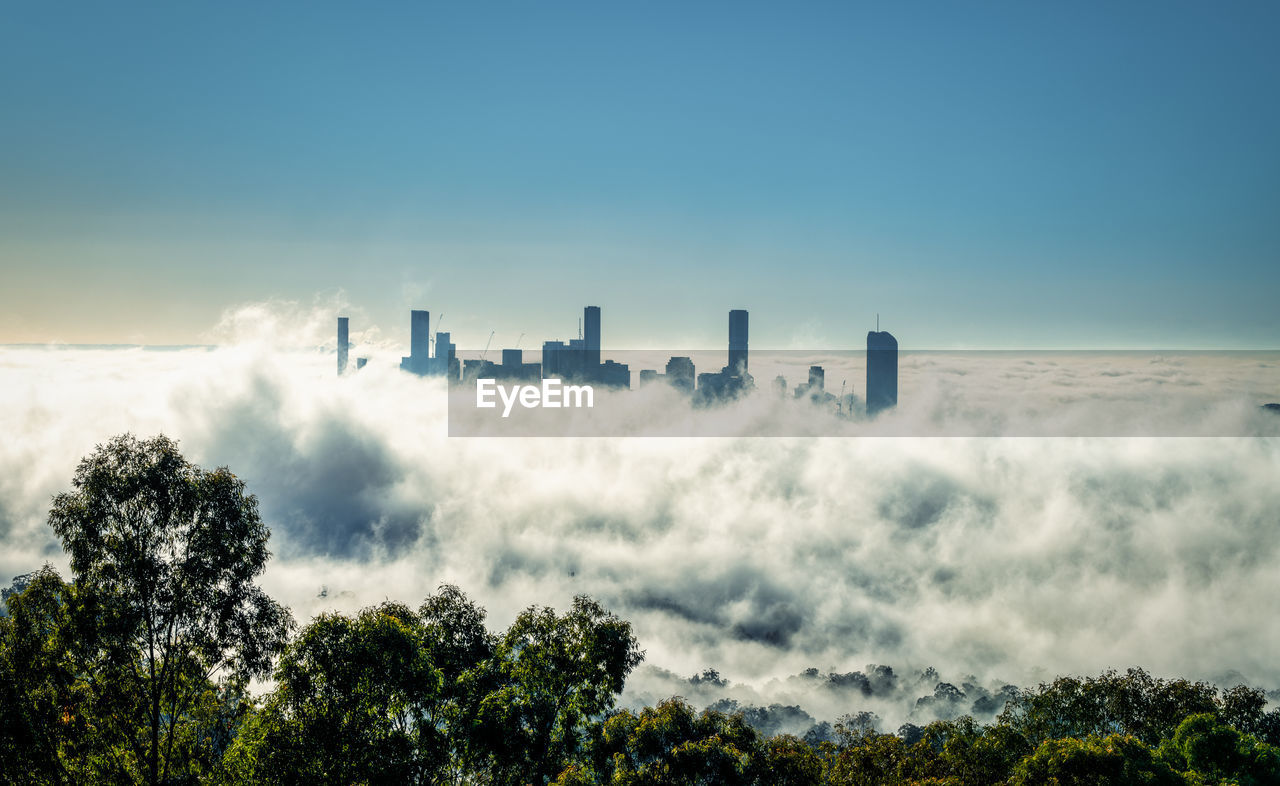 Panoramic view of city in fog in the morning