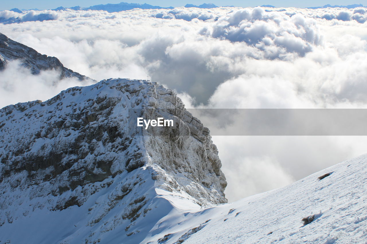 Scenic view of snowcapped mountains against sky