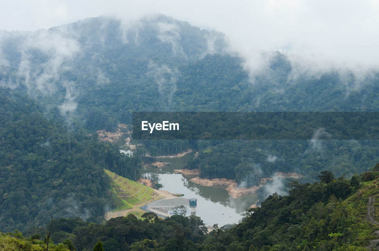 High angle view of trees and mountains