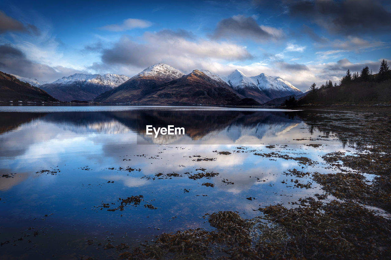 Scenic view of lake by snowcapped mountains against sky