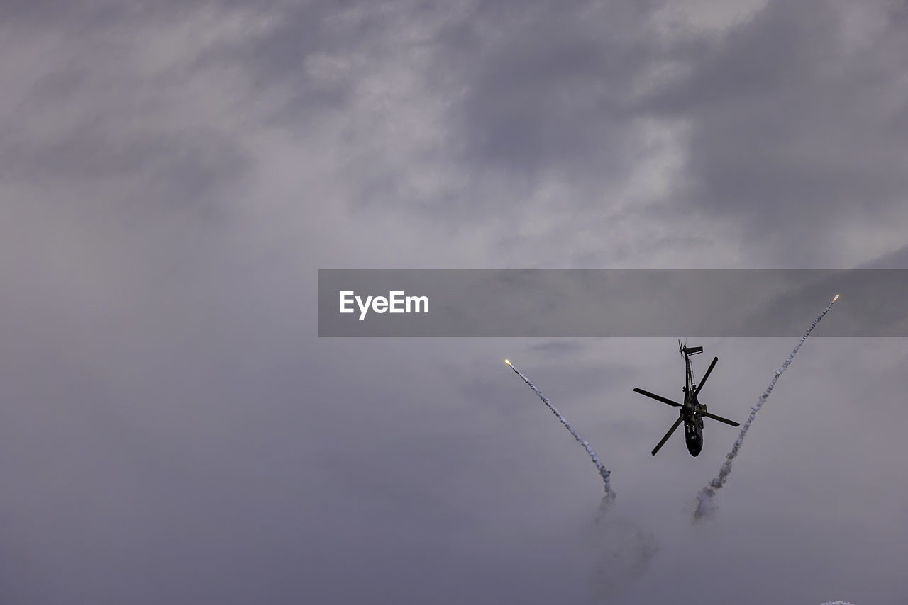 cloud, sky, air vehicle, airplane, transportation, mode of transportation, flying, air show, low angle view, on the move, nature, no people, vehicle, motion, travel, fighter plane, plane, day, outdoors, mid-air, military airplane, wing, military, overcast, silhouette