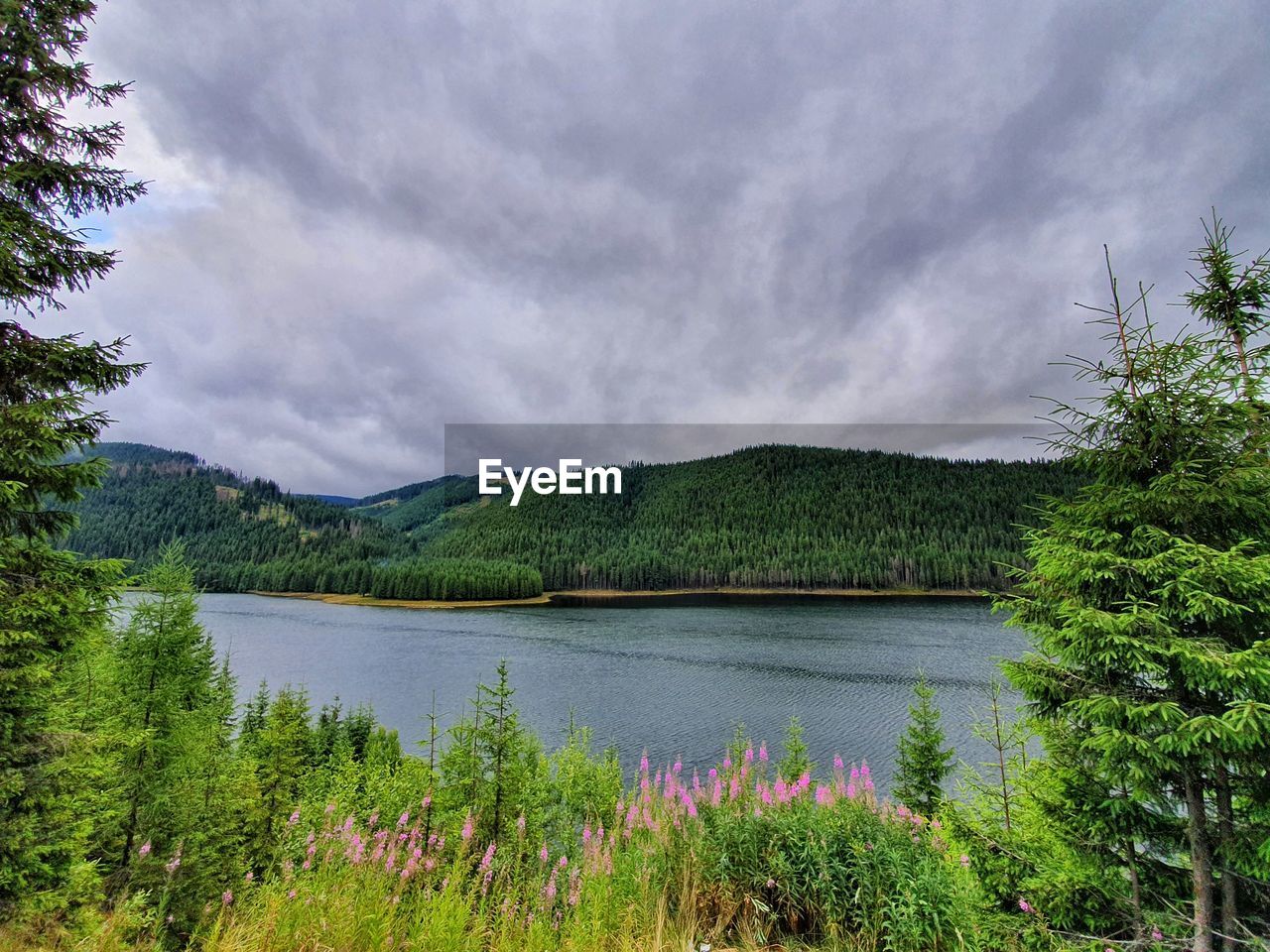 Scenic view of lake and mountains against sky