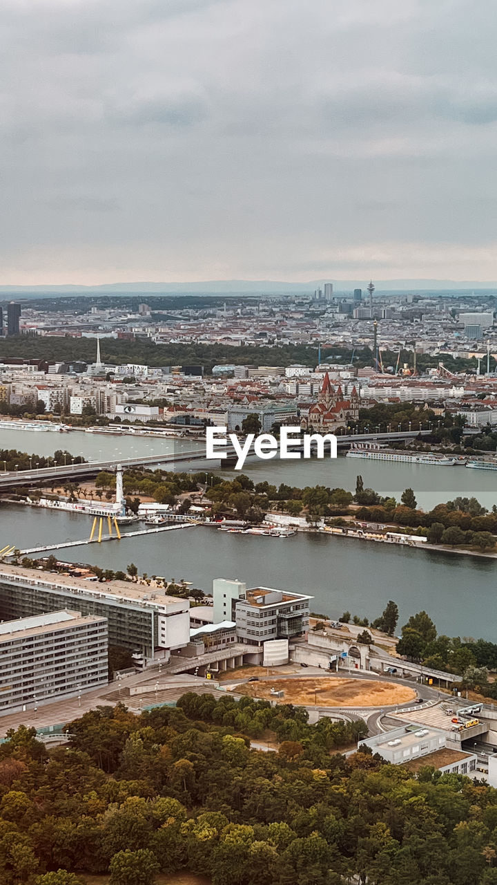 High angle view of vienna townscape by danube river